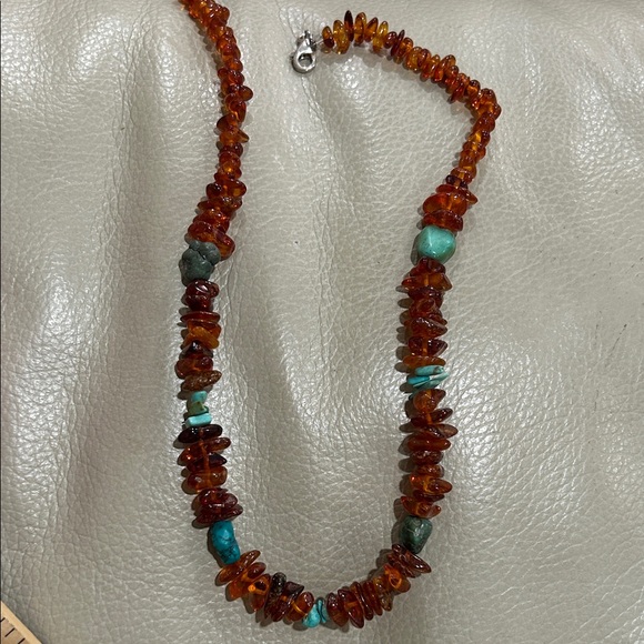 Amber and Turquoise Beaded Sterling Silver Clasp Necklace - Picture 2 of 2